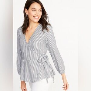 LOFT Blue White Striped Wrap Blouse Size XS